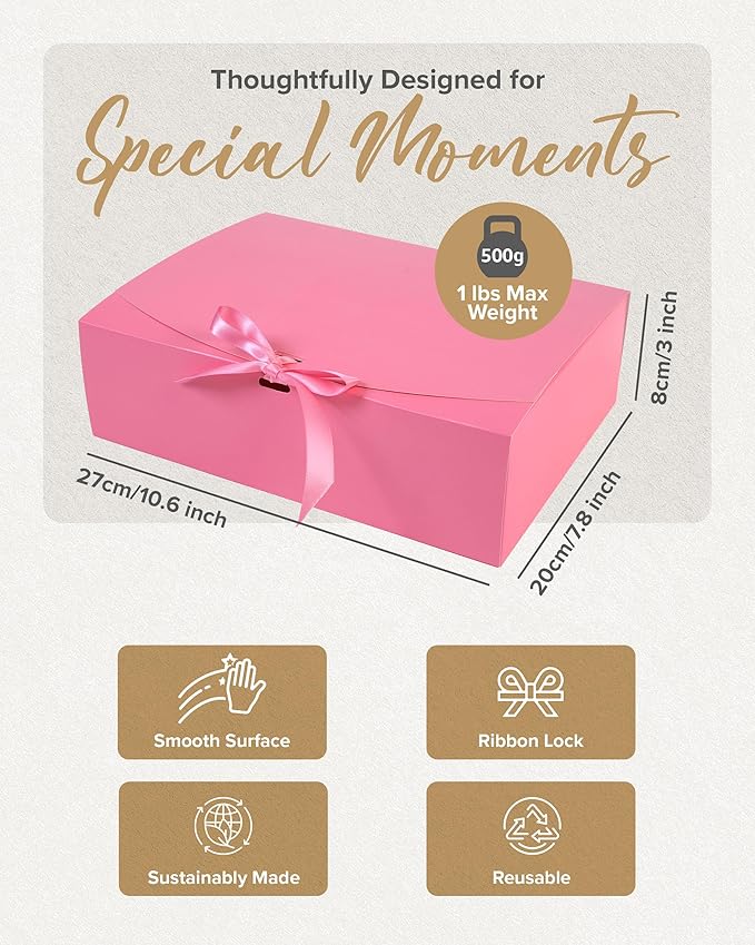 HummingBox Pink Gift Box Set of 16 - Gift Boxes for Presents & gifting on weddings, birthdays & more - Easy to Assemble Pink Gift Boxes With Lids & Ribbon Closure - Decorative Boxes With Lids