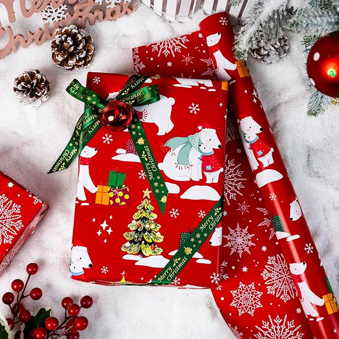 MAYPLUSS Christmas Wrapping Paper Roll - 17IN X 33FT - Red Gift Wrap Paper Featuring Christmas Tree Polar Bear Scarf Hat Reversible Snowflake for Kids, Holiday, New Year