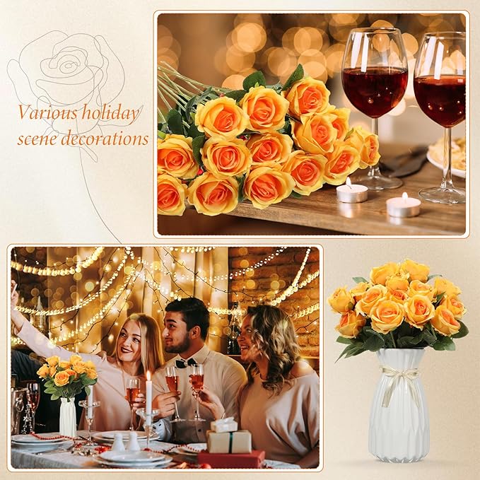 Hotop 20 Pcs Artificial Rose Flowers with Long Stem,Real Touch Silk Realistic Plastic Bouquet Roses Bulk for Home Decor Bridal Wedding Party Table Centerpieces Decorations(Orange)