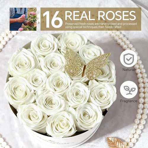 16 Roses in a Box, Preserved Flowers Gifts for Women, Forever Flowers for Delivery, Flower Birthday Gifts Box for Her, Eternal Flowers Rose Gifts for Mom, White