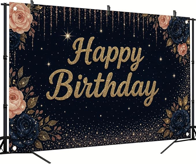 Happy Birthday Backdrop Banner Navy Blue Gold Glitter Rose Floral Birthday Party Decorations Photography Background Wedding Baby Shower Decor Booth Studio Props Supplies 71 x 43 Inch