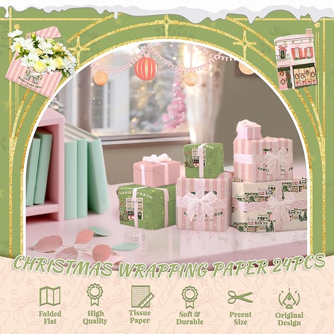 NICROHOME EUR 24 Sheets Christmas Tissue Paper, Sage Green Pink Tissue Wrapping Paper with Christmas Tree House Snowman Socks Pattern, Small Gifts Wrapping Paper for Xmas Crafts Gifts (15 X 20 Inch)