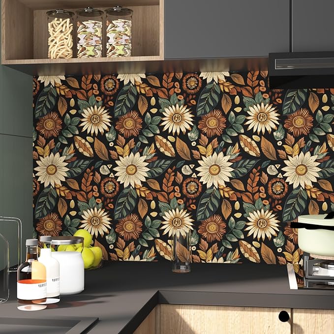 Boho Wallpaper Peel and Stick,Vintage Black Brown/Green Floral Contact Paper 17.5" x 118", Retro Flower Botanical Wall Paper Self Adhesive Removable Waterproof for Walls Shelves Cabinet Table Decor