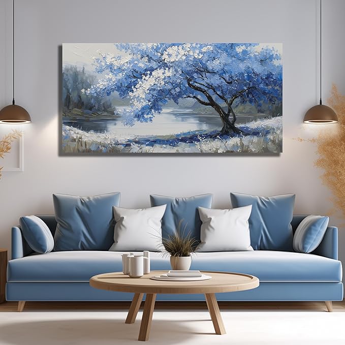 JuhaiArt Scenery Picture Wall Decorations Large Tree Wall Art Blue Canvas Wall Art for Living Room Bedroom Office White Poster 29"x 59"