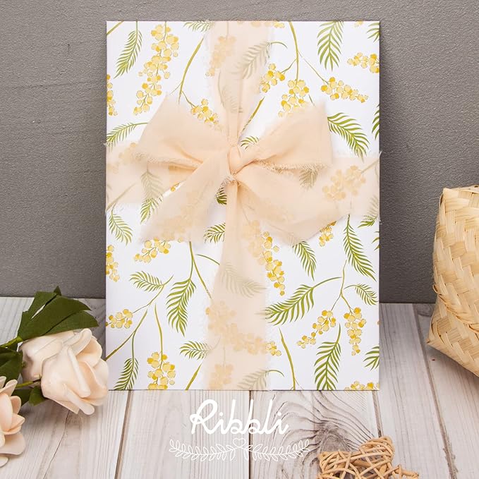 Ribbli Champagne Chiffon Ribbon 1-1/2 inch x 20 Yard Handmade Fringe Chiffon, Nude Silk Ribbon for Wedding Invitations, Bridal Bouquets Wrapping, Flower Arrangement Decoration