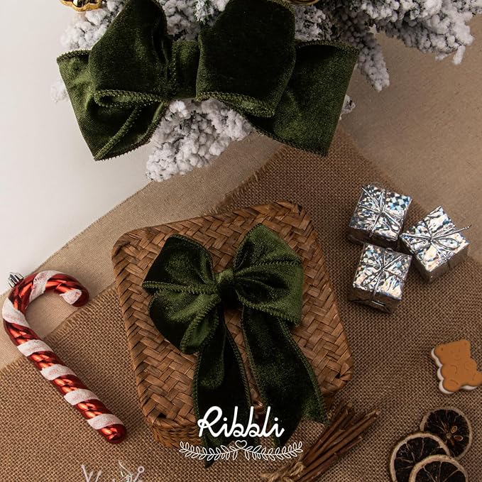 Ribbli Moss Green Velvet Wired Ribbon 1.5 Inch Velvet with Satin Christmas Ribbon for Gift Wrapping Christmas Tree Decoration Crafts Wreaths Supplies-Continuous 10 Yards