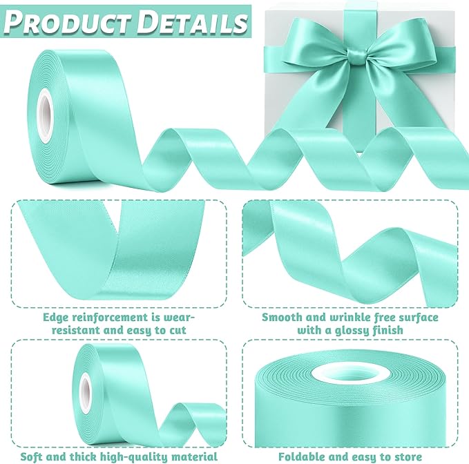 Fullive Mint Blue Ribbon for Gift Wrapping, 1 1/2 Inch 30Yards Ribbons for Crafts, Polyester Solid Satin Ribbon for Flower Bouquet Easter Birthday Christmas Decorations Floral Arrangements DIY Bows