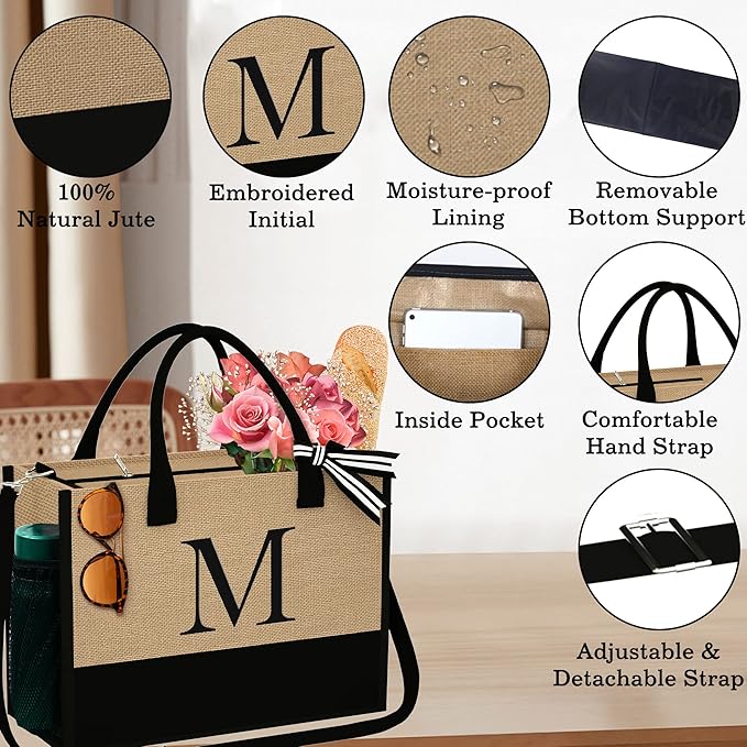 YOOLIFE Christmas Gifts for Women - Initial Jute Tote Bag & Makeup Bag, Birthday Gifts for Women Mom Wife Teacher Friend