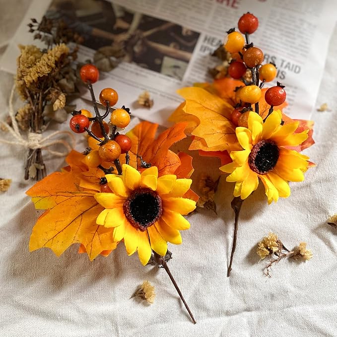 6 Pack Fall Stems Artificial Berry Picks Fall Picks with Pine Cone Sunflowers Pumpkin Maple Leaves Branches Decorations for Harvest Autumn Thanksgiving Day Wreaths Indoor Outdoor Home Decor