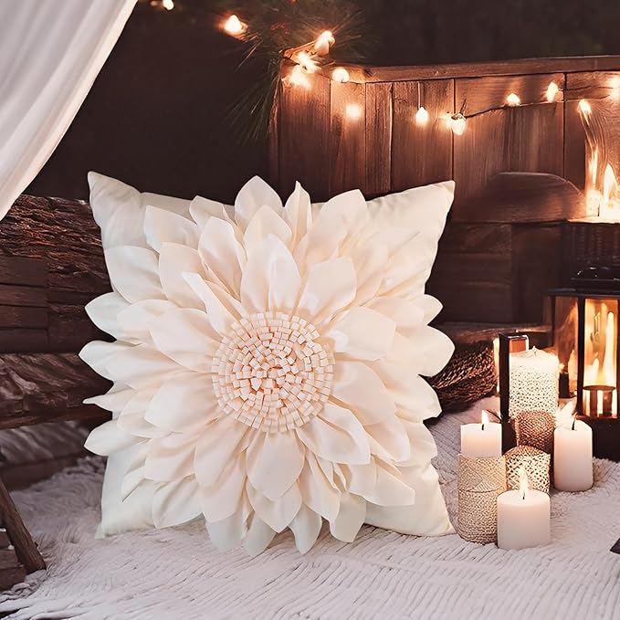Bella's Giftshop 3D Sunflower Decorative Throw Pillow Covers for Bed Sofa Couch Car, Accent Floral Cushion Cover, Handmade Pillow Cases Living Room Decor, 17x17 Inch-Cream/White