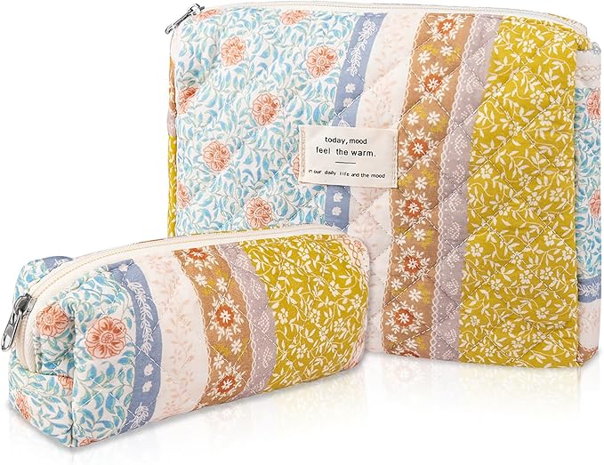 2PC Makeup Bag Set, Cute Cosmetic Bag for Women Girls, Floral Coquette Aesthetic Toiletry Bag, Travel Make Up Organizer Bag (Color-Coded Floral)