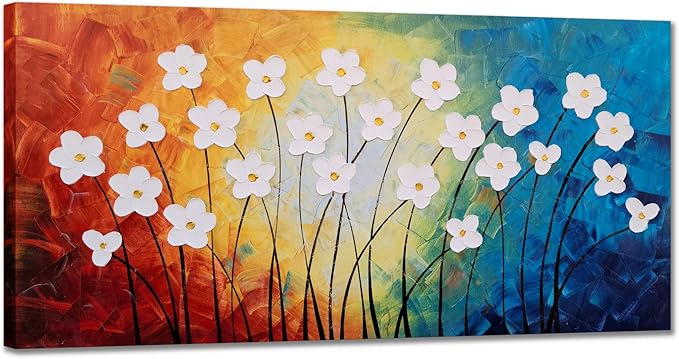 Yihui Arts Hand Painted Textured Flower Canvas Art: Rainbow Hues White Blossoms Abstract Wall Decor for Living Room, Bedroom & Office
