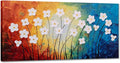 Yihui Arts Hand Painted Textured Flower Canvas Art: Rainbow Hues White Blossoms Abstract Wall Decor for Living Room, Bedroom & Office
