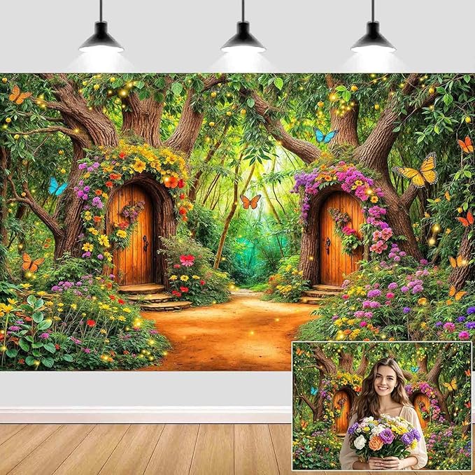 20X10ft Enchanted Forest Backdrop Fairy Tale Green Garden Wonderland Tree House Floral Butterfly Background for Kids Girl Baby Shower Birthday Party Decoration Banner Cake Table Photo Booth Props