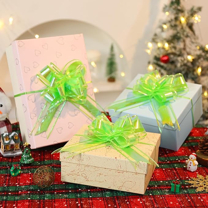 24PCS Apple Green Pull Bows for Gift Wrapping, 6" Large Pre-Tied Decorative Bows for Christmas, Wedding, Birthday, Party Decors, Reusable Instant Floral Decors for Gifts, Bouquets, Baskets