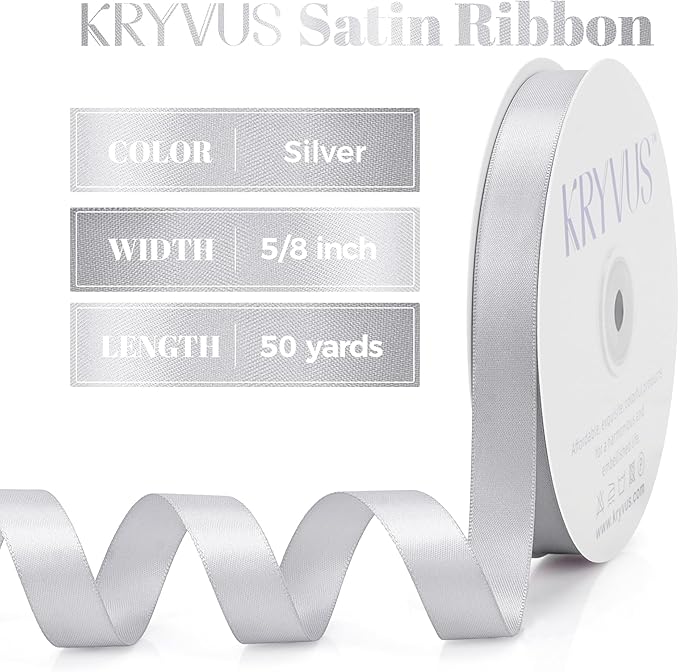 Silver Satin Ribbon, Double Faced 5/8 Inch X 50 Yards Silver Ribbon, Premium Satin Ribbon for Gift Wrapping, Crafts, Hair Bow Making, Sewing, Flower Bouquet, Wedding Party Decor