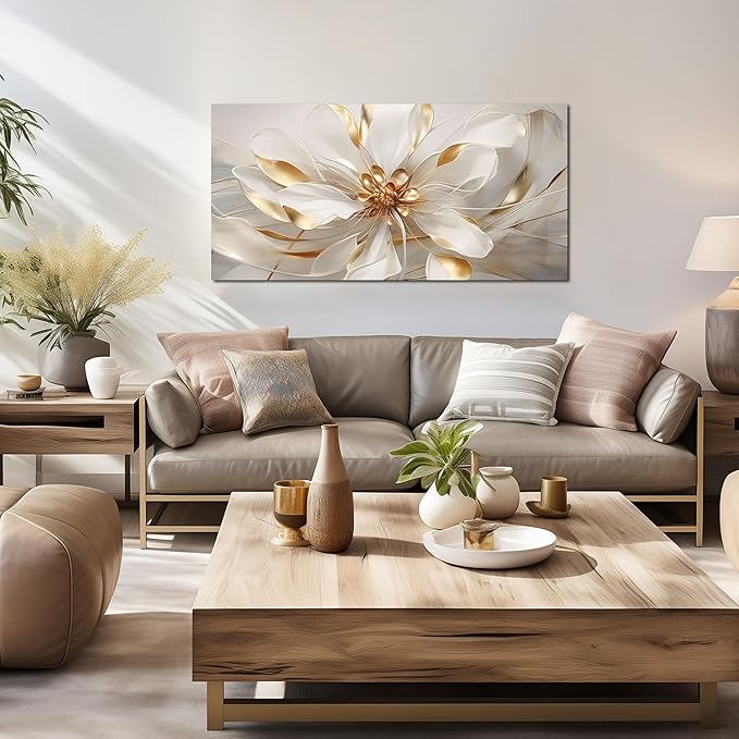 Fowers Wall Art for Bedroom Women White and Gold Wall Decor for Living Room Floral Art Print Wall Decoration 20 x 40 Inch