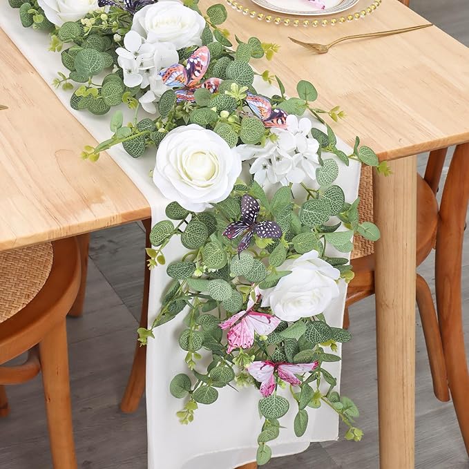 2Pcs 5.9 Ft Artificial Rose Vine Fake Flower Garland White Rose Hydrangea Vines with 3D Butterflies Hanging Floral Eucalyptus Garland for Wedding Party Background Arch Table Wall Home Decor