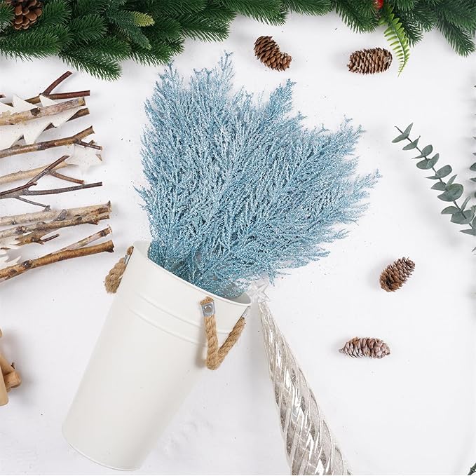 Christmas Glitter Stems 24pcs Artificial Pine Tree Picks for Christmas Tree Ornaments fillers, DIY Xmas Wreath, Crafts, Garland, Holiday, Party, Wedding and Home Decoration (Light Blue)