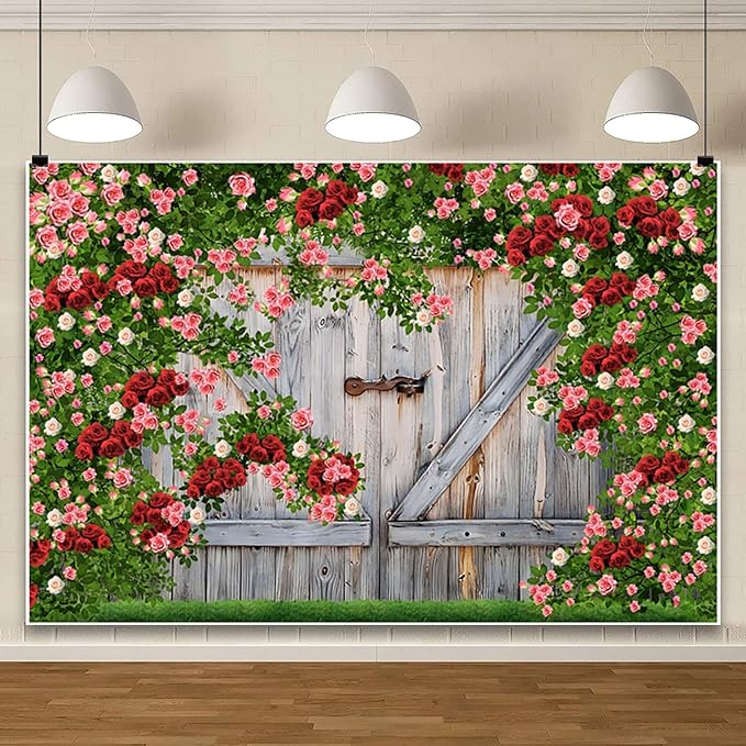 AOFOTO Barn Door Rose Backdrop Rustic Red Pink Beige Flowers Background Romantic Phtography Banner for Anniversary Wedding Decor Photo Studio Photobooth Props 7x5ft