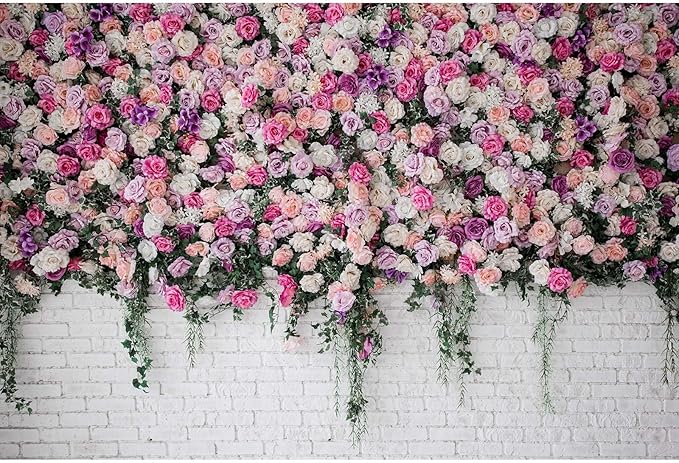 Rose Flowers Backdrop Beautiful Decorative Colorful Roses and Peonies on Brick White Wall Photography Background Interior Wedding Party Decorations Summer Flowers on Wall Building Props 9x6ft