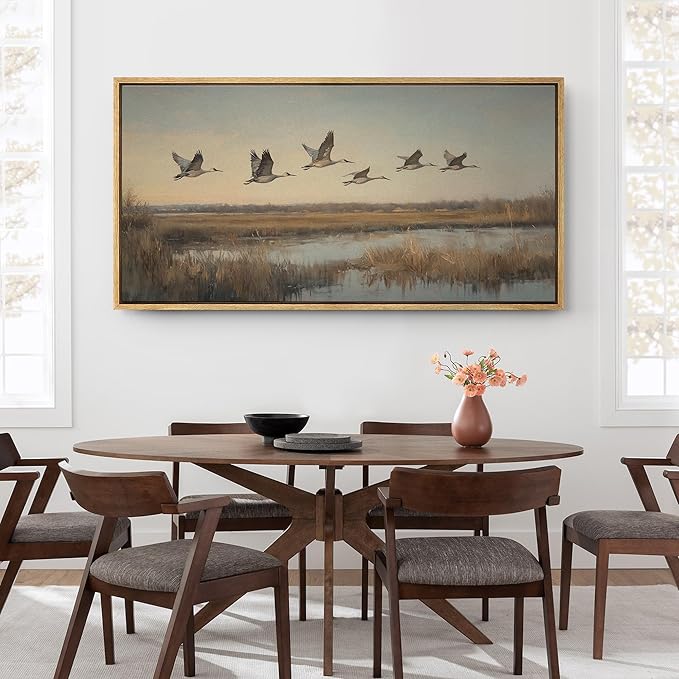 SIGNFORD Extra Large Framed Canvas Print Wall Art Flying Cranes Over Wetlands Vintage Nature Bird Scene Illustrations Modern Art Relax/Calm Warm for Living Room, Bedroom, Office - 60"x30"