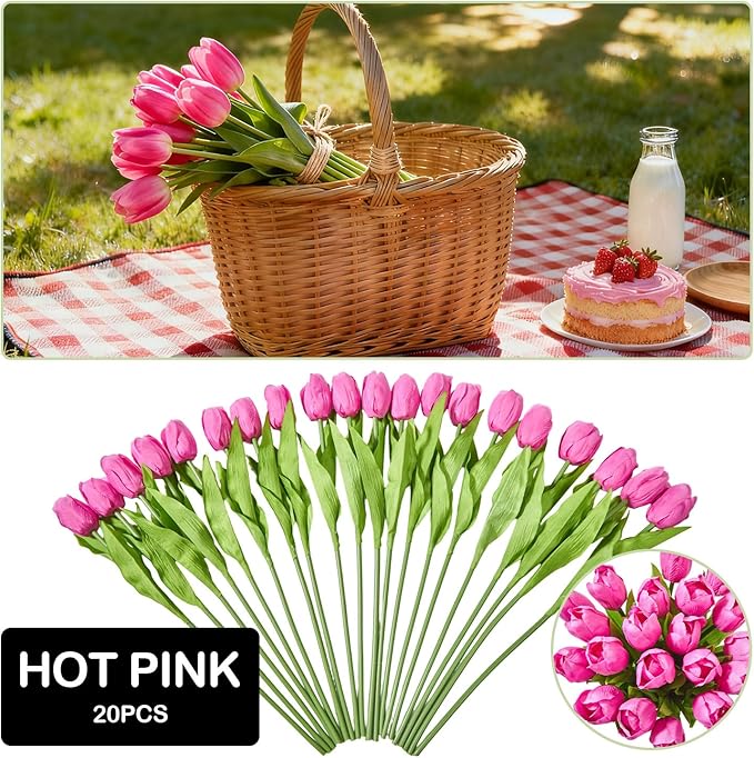 Artificial Flowers Mother's Day Easter Valentine's Day Gifts, Artificial Flowers Fake Tulips Flowers Home Kitchen Wedding Table Decorations a Bunch of 20 Hot Pink Tulips