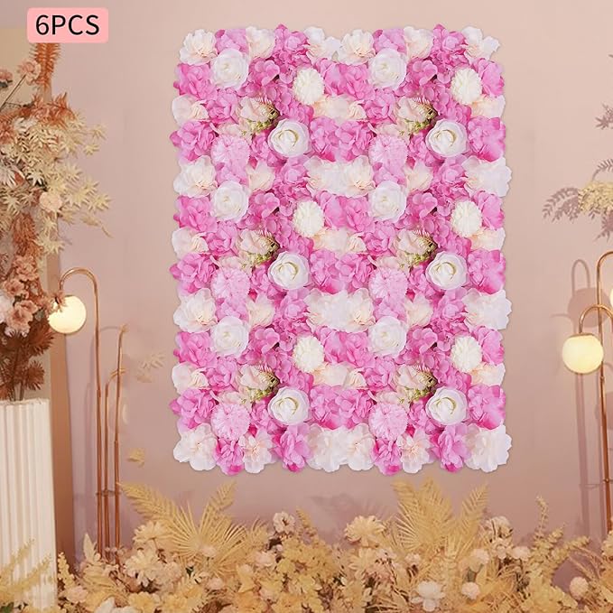 JJIESHENG Flower Wall Panels 3D Flower Wall Backdrop, 6Pcs Artificial Flower Wall Panel Silk Rose Floral Decorative Faux Flower Wall Background for Wedding Home Decoration (White, Pink, 15 * 15in)
