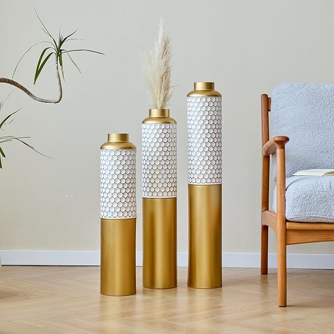 Floor Vases, Tall Home Decor Metal Vase Set of 3 Large Glazed Decorative Vases for Wedding Decor, Elegant Modern Flower Holder for Living Room, Entryway, Hallway, Dining Room