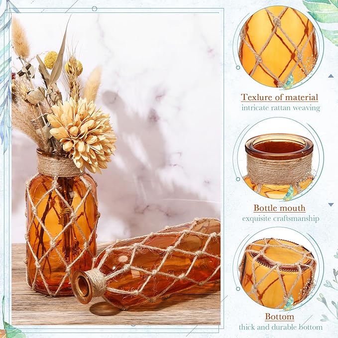 Chuangdi Set of 2 Coastal Glass Vases for Flower Small Flower Vase with Boho Rope Wrapping Beach Decorative Bottle for Coastal Nautical Table Centerpiece Wedding Floral Arrangement Decor(Amber)