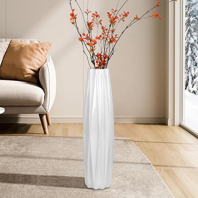 White Floor Ceramic Vase 24 Inches Tall Flower Holder Decorative Large Vases for Table Centerpieces Shelf Home Decor Living Room Branches Sky-Dried Flower Arrangement Simple Decorative
