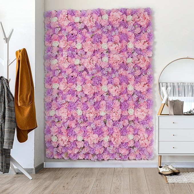Artificial Flower Wall Backdrop 16pcs 16.5x16.5 Inch 3D Silk Rose Floral Wall Panel Ideal for Wedding Celebrations, Festive Party Birthday Backdrops and Elegant Home Decor-Pink and Purple