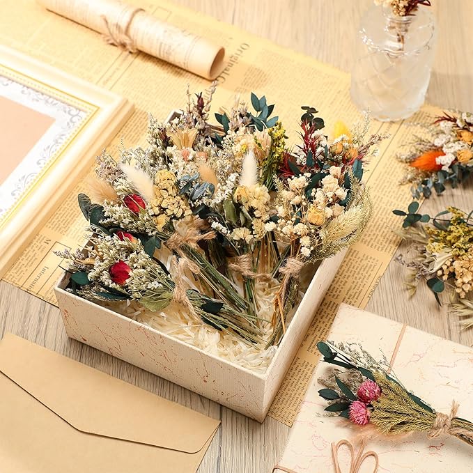 Layhit 12 Pack Boho Dried Flower Bouquet Mini Wedding Handmade Dry Flowers Decor for Vase Crafts DIY Photo Boutonniere for Men Floral Plant for Bridesmaid Gift Birthday Decor(Bright)