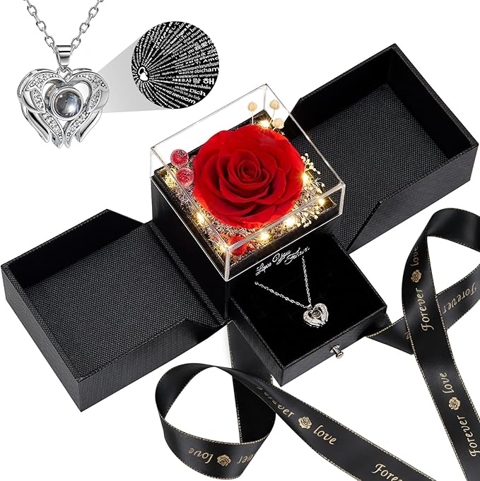 FIACO Gifts for Women Preserved Real Roses with I Love You Necklace Fresh Forever Flowers Birthday Gifts for Mom Grandma Wife Girlfriend on Anniversary Christmas Valentines Romantic Gift