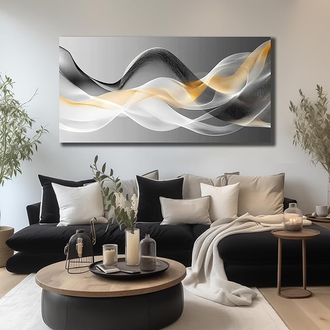 JuhaiArt Abstract Wall Art White Wall Decor for Living Room Office Large Black Canvas Art Picture Gold Artwork 29" x 59" Modern Prints
