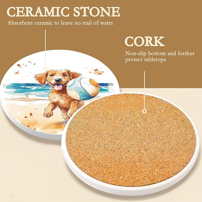 Drink Coasters with Holder,6 Pcs Dog Beach Absorbent Ceramic Drink Pads, Non-Slip Table Protectors for Coffee & Glasses