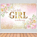 7x5ft Baby Shower Backdrop for Girl, A Sweet Little Girl is on Her Way Pink Floral Background Banner, Gold Glitter Backdrop for Newborn Party, Gender Reveal Celebration Photo Booth Decor