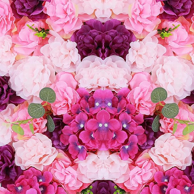 Flower Wall Backdrop 3D Wall Panels, 6Pcs Artificial Flower Wall Panel Silk Rose Floral Decorative Faux Flower Wall Background for Wedding Home Decoration (Pink, Purple,23.6 * 15.7in)
