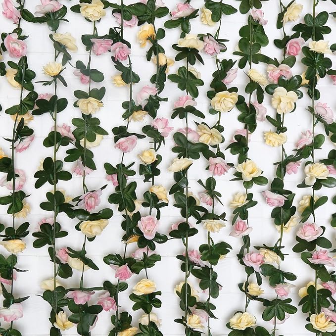 12 PCS 98.4 FT Artificial Flower Garland Rose Garland for Wedding Room Decor（12,Champagne）