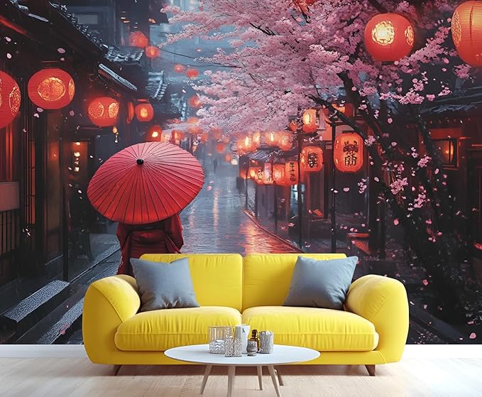 Japanese Street Wall Mural, Cherry Blossom Lantern Scene 3D Wall Murals, Romantic Rainy Evening Japan Wallpaper Mural, for Living Room Bedroom Large Wallpaper Indoor Decor 137.8" W x100 H