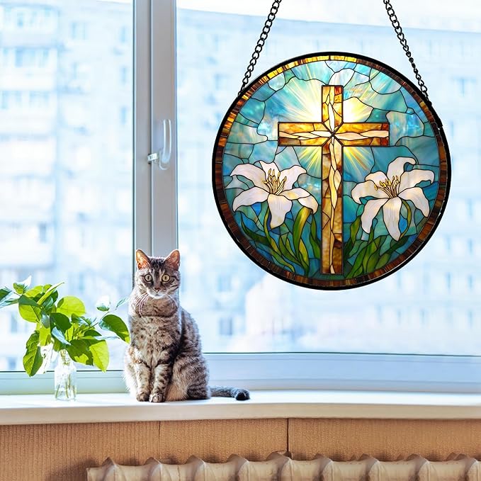 Christian Gifts for Women - Cross Stained Glass Window Hanging Jesus Easter White Lily Flower Sun Catcher Garden Religion Decor Mother's Day Catholic Gift for Men Grandma Mom Her Nana 9.8"