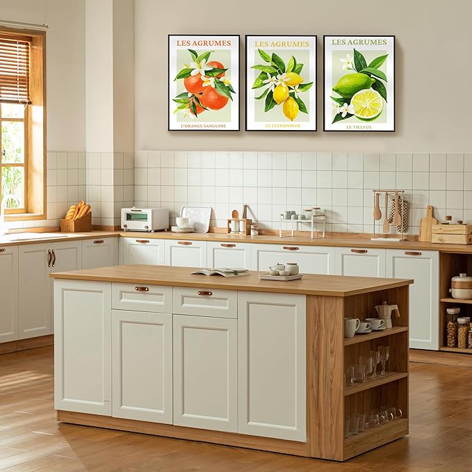 SERIMINO Fruit Botanical Wall Art for Kitchen, Lemon Prints Framed Canvas Wall Decor for Floral Dining Room Farmhouse, Watercolor Paintings Room Decor Aesthetic 3 Piece Set, 12"X16"