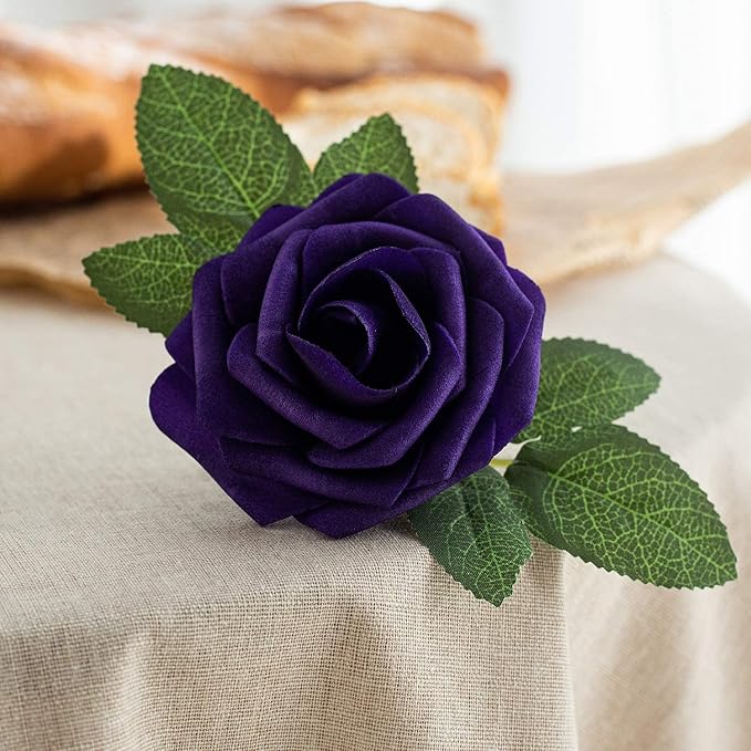 25pcs Artificial Flower Foam Rose Real Touch Roses Flower Heads with Stem for DIY Wedding Bouquets Centerpieces Arrangements Party Baby Shower Home Decor (Purple)