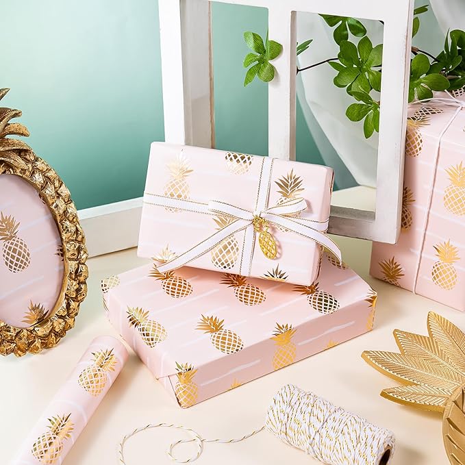 WRAPAHOLIC 30 Inch Jumbo Pineapple Wrapping Paper Roll - 30 Inch x 16.5 Feet - Jumbo Pink and Gold Foil Pineapple Design for Birthday, Wedding, Bridal Shower, Baby Shower