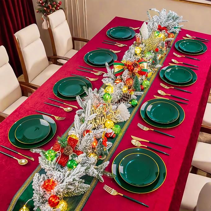 Liacere 150PCS Green Plastic Plates - Gold Plastic Silverware with Green Handle - Heavy Duty Fancy Plastic Plates Disposable Include 30 Guests Plates, Forks, Spoons, Knives for wedding＆Christmas