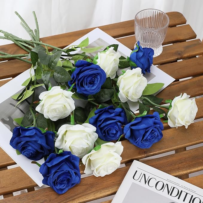 Tifuly Roses Artificial Flowers - 12 pcs Realistic Long Stem Fake Roses Mashup Style Silk Roses for DIY Bouquets Wedding Centerpieces Arrangements Home Party Decor（White & Blue）