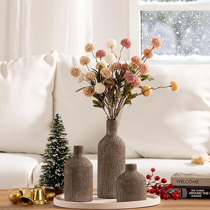 Ceramic Vase Home Table Decor - Brown Flower Vase Set of 3 Living Room Kitchen Decorations Farmhouse Modern Rustic Vases Decorative Centerpiece for Shelf Bedroom Office Bathroom Dining Coffee Desk