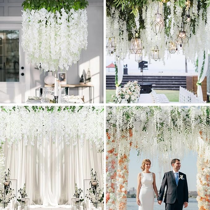 Yastouay 38 Pcs Wisteria Hanging Flowers, 3.77 Ft/Pcs Artificial Hanging Flowers, White Fake Wisteria for Wedding Party Ceremony Backdrop Home Decoration