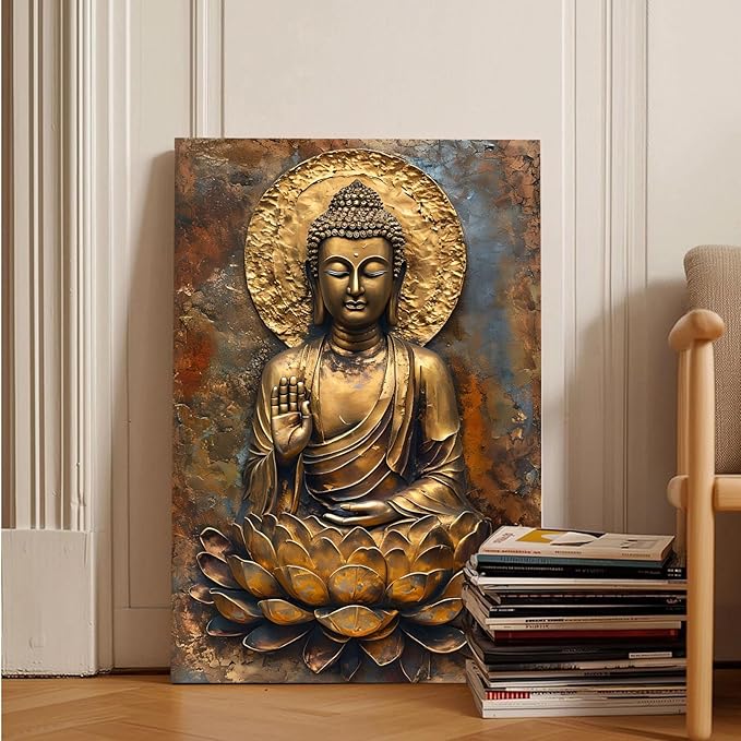 Buddha Wall Art Golden Buddha in Lotus Seat Serene spiritual statue radiant aura Meditation and mindfulness wall art suitable for sacred spaces 8x12in Frameless