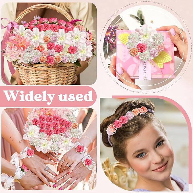 70 pcs Mini Artificial Flowers Heads Pink Silk Peony Daisy Rose Bulk Mix Flower Heads Faux Rose for Crafts Graduation Wedding Baby Shower DIY Home Party Decoration